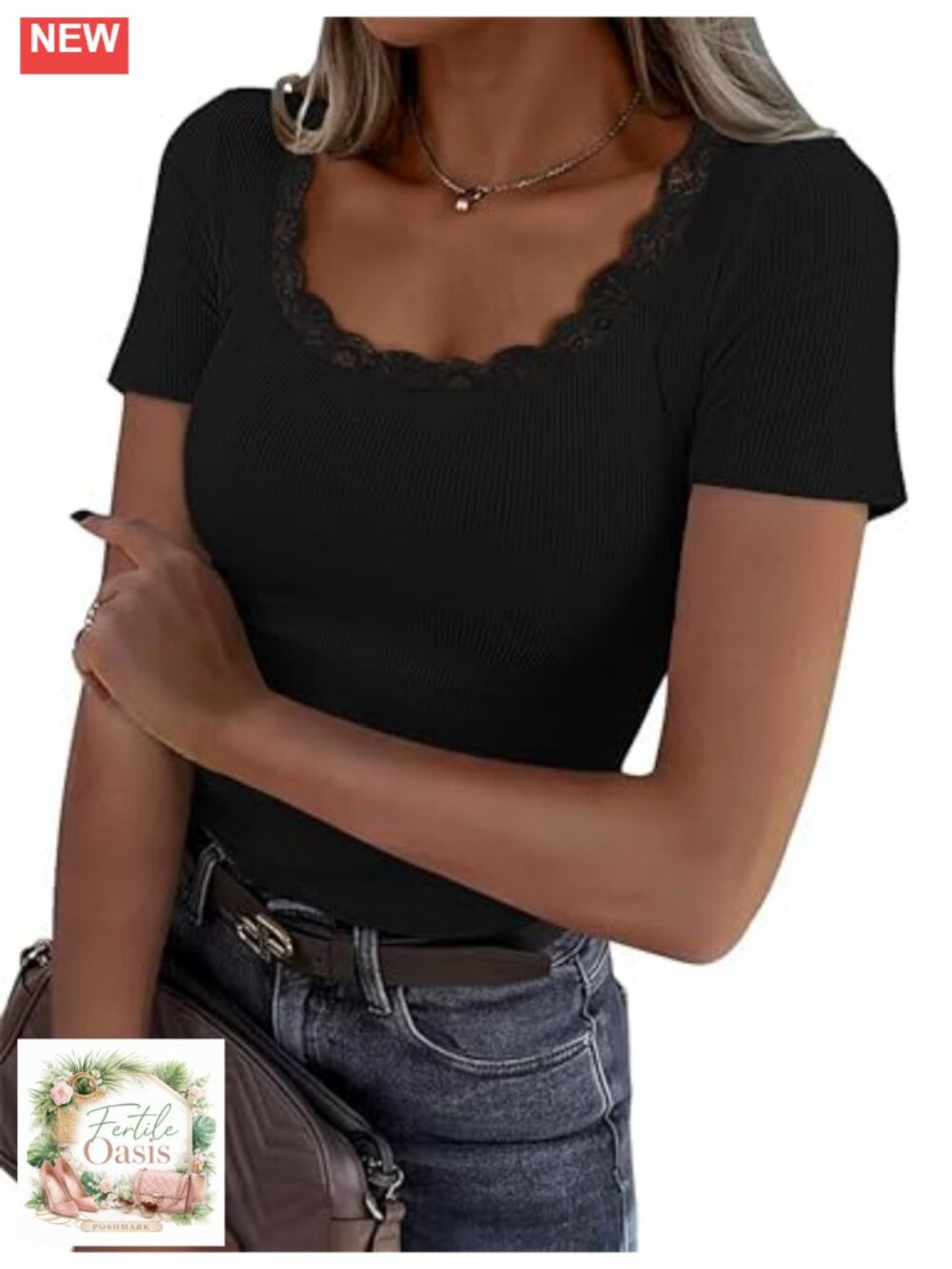 Fitted Ribbed Scoop Neck Lace Trim Short Sleeve T-Shirt